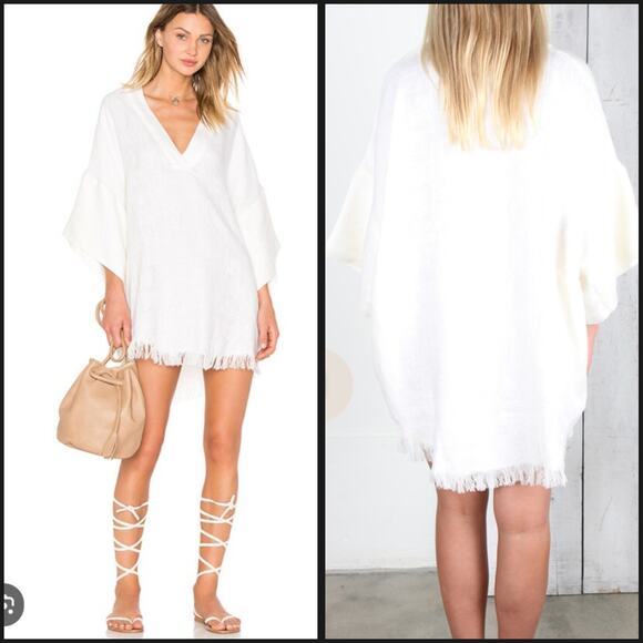 IRO 'Emerald' V-Neck Linen Mini Euro Caftan Dress Ecru w/Fringe Hem Sz 34/small - Picture 2 of 9